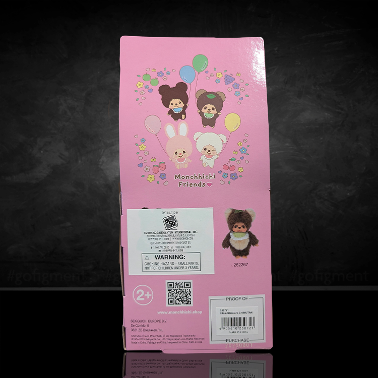 Sekiguchi Monchhichi Chimutan Bunny collectible plush packaging featuring character illustrations on pink background
