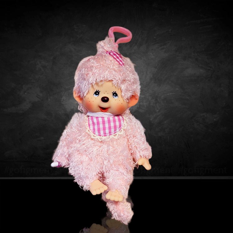 Sekiguchi Monchhichi pink fluffy 6 inch plush mascot clip with checkered bib and thumb in mouth