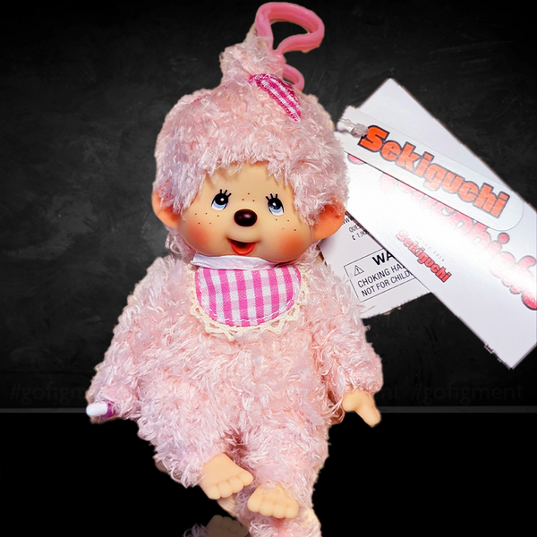 Sekiguchi Monchhichi pink fluffy 6 inch plush mascot clip with gingham bib and soft textured fur