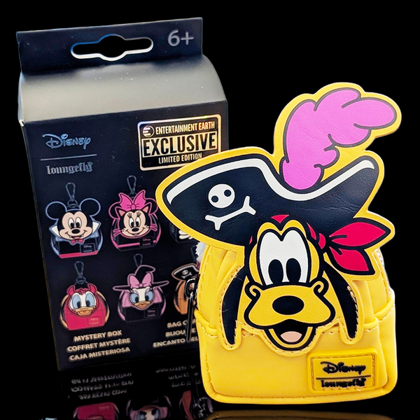 Loungefly Disney mini backpack bag charm featuring Pirate Pluto with a skull hat and pink feather accessory.