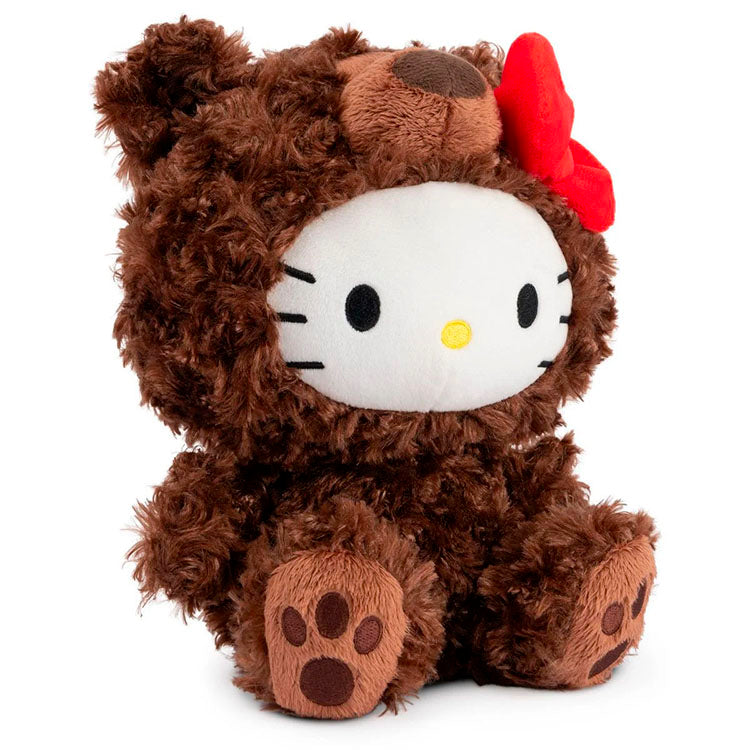 Sekiguchi Sanrio Hello Kitty dressed as a brown teddy bear plush with red bow and embroidered details seated