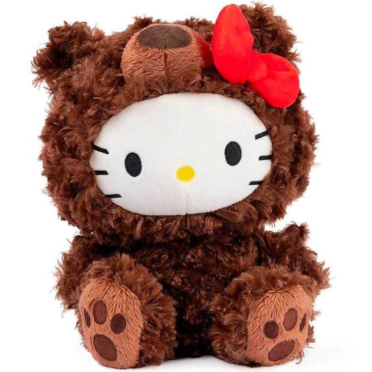 Sekiguchi plush featuring Hello Kitty dressed as a brown teddy bear with a red bow and embroidered details