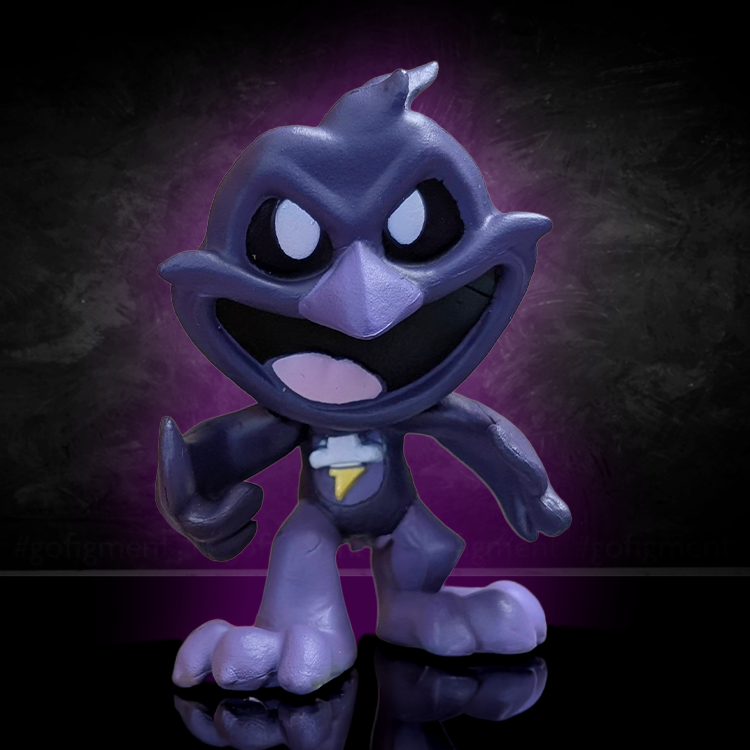 Go Figment Nightmare Critters Series 4 dark purple bird-like mini figure with lightning emblem on chest on black surface