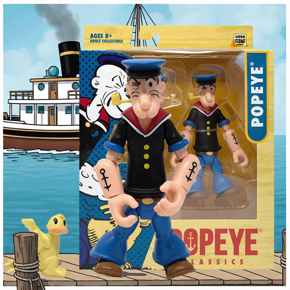 Boss Fight Studio Llc Popeye Classics figure in black shirt, blue pants, sailor hat, and pipe with box packaging background