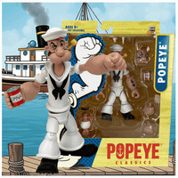 Boss Fight Studio Llc Popeye Classics action figure in all white sailor suit holding spinach can by steamboat backdrop