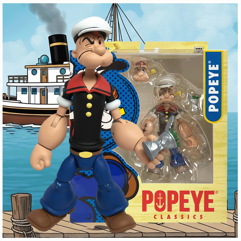 Boss Fight Studio Llc Popeye Classics figure in sailor outfit with anchor tattoos and alternate head and hand accessories in packaging