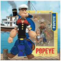 Boss Fight Studio Llc Popeye Classics figure in sailor outfit with anchor tattoos and alternate head and hand accessories in packaging