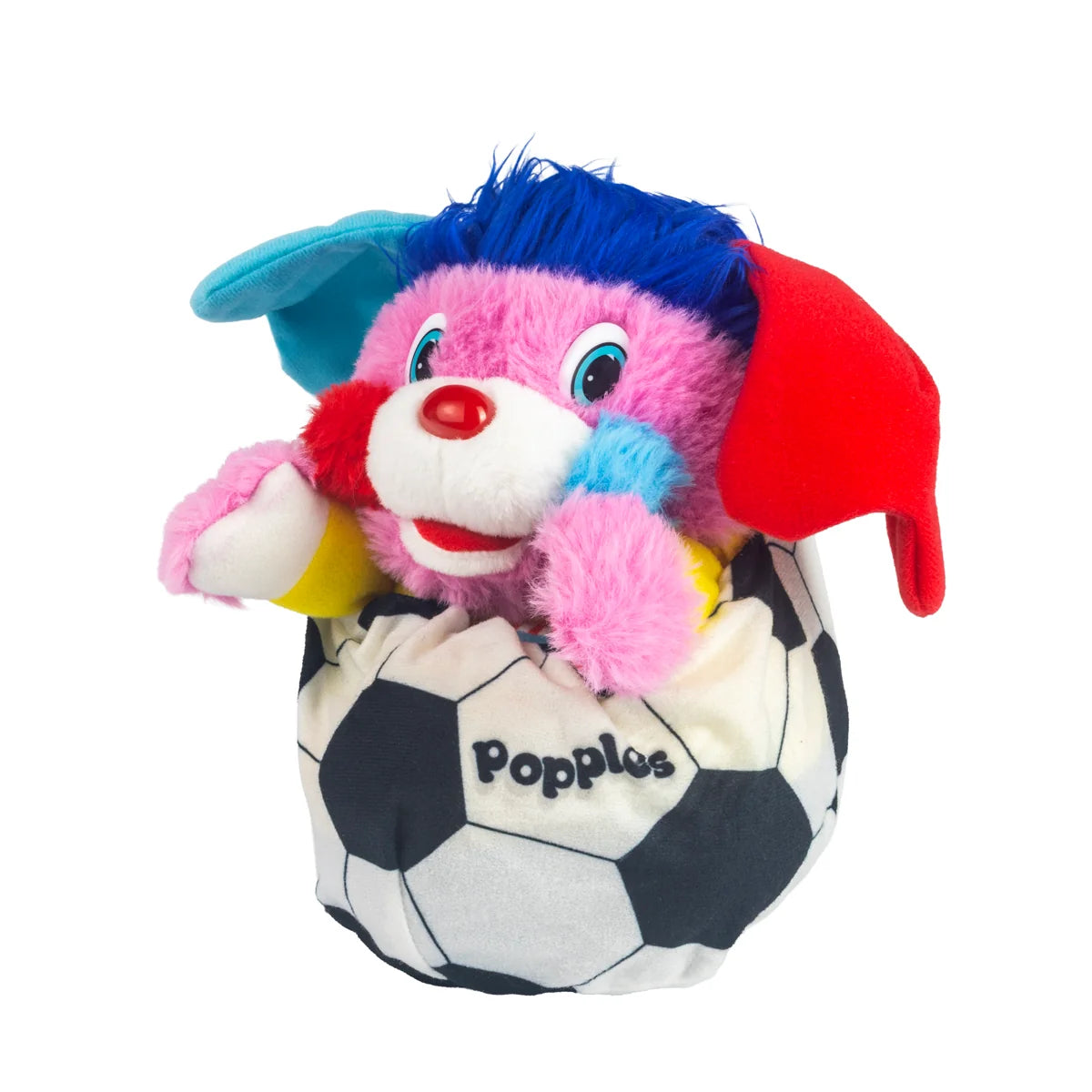 Colorful Popples plush toy peeking from a black and white soccer ball