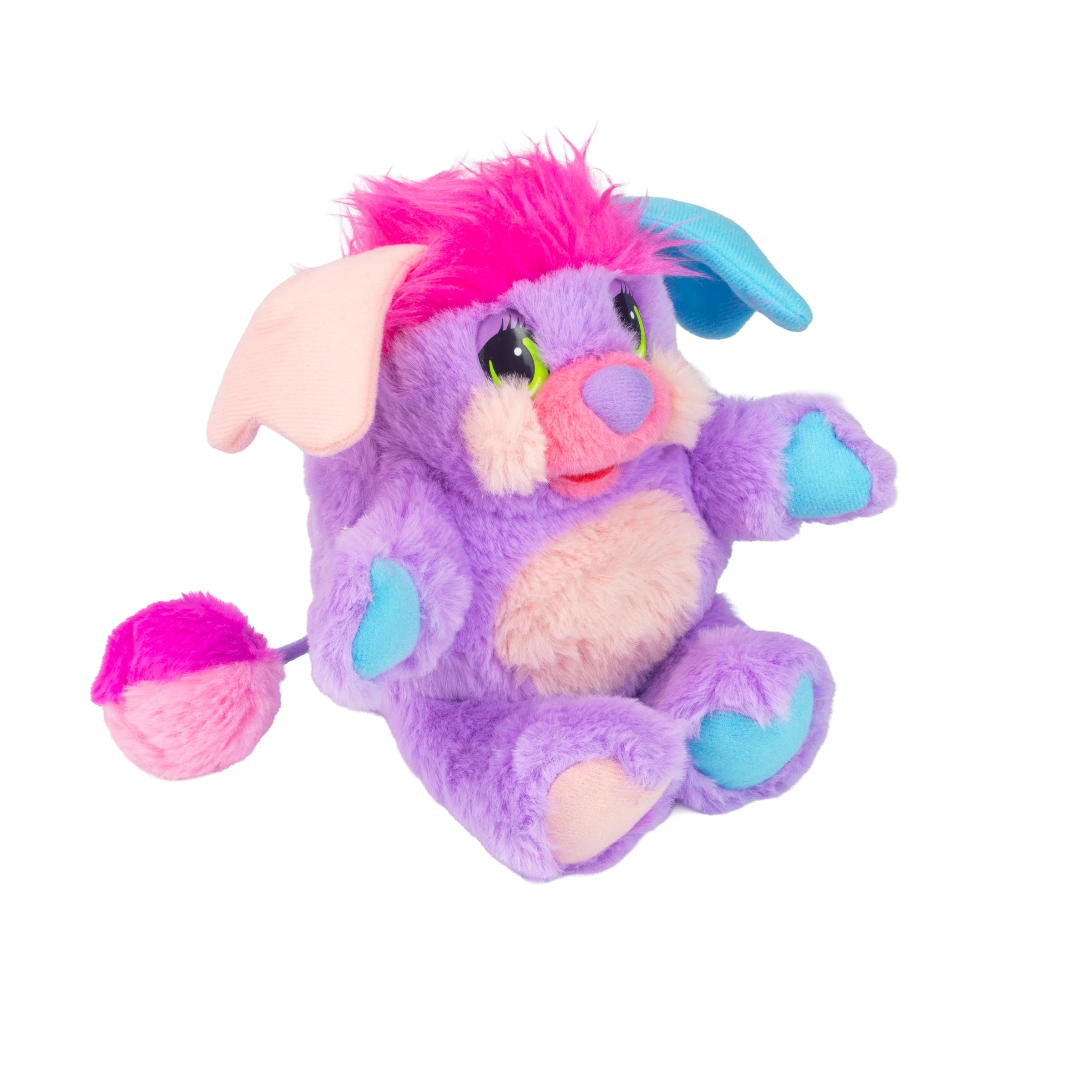 Purple plush dog with pink hair, blue ears and paws, and a pink tipped tail