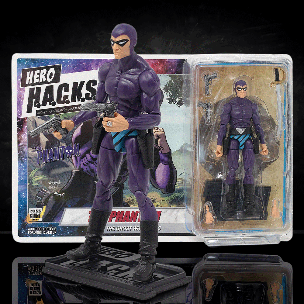 Boss Fight Studio Llc 6-inch Phantom Hero H.A.C.K.S. figure in purple suit posed with gun and packaging in background