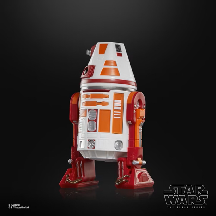 Red and white Star Wars astromech droid figure against a black background with The Black Series logo