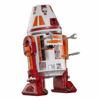 Red and white Star Wars astromech droid with extended mechanical arms standing against a white background