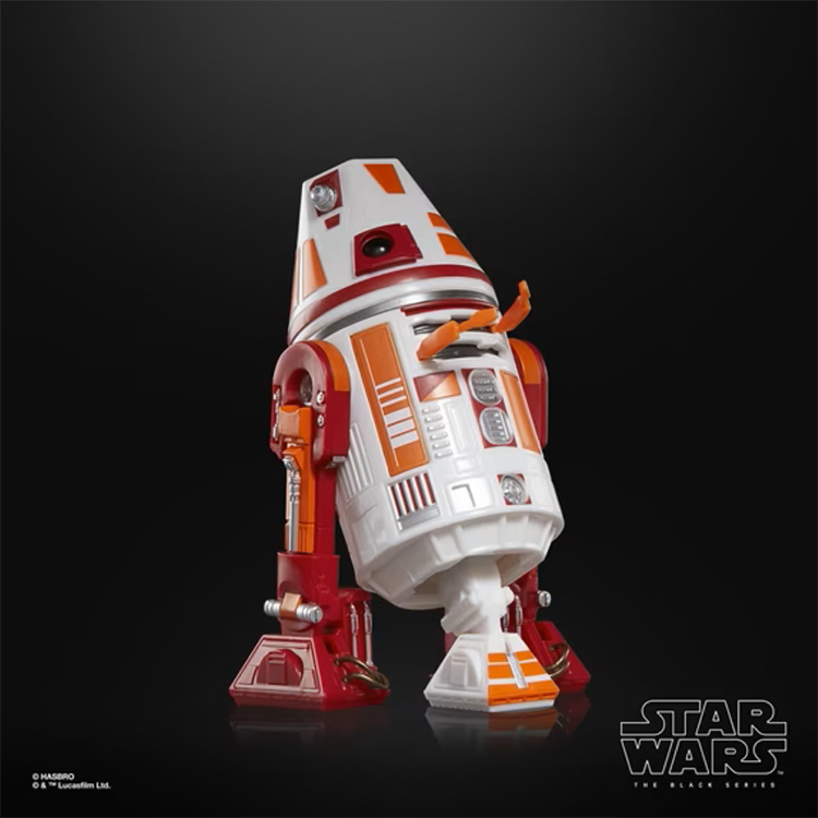 Red and white Star Wars astromech droid figure on a black background