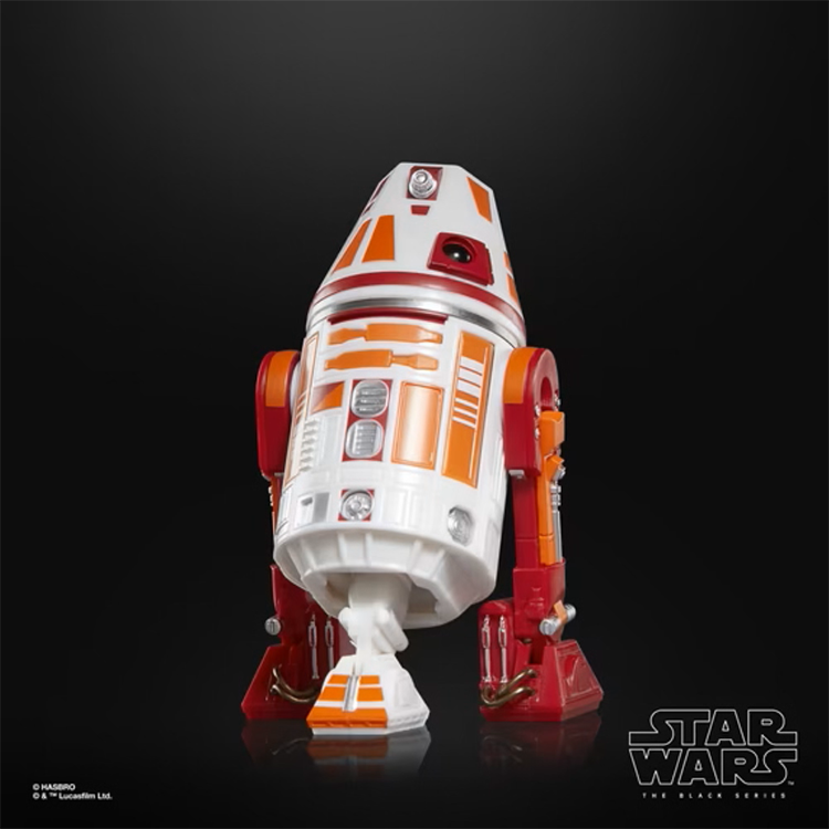 White and orange Star Wars astromech droid with red arms against a black background