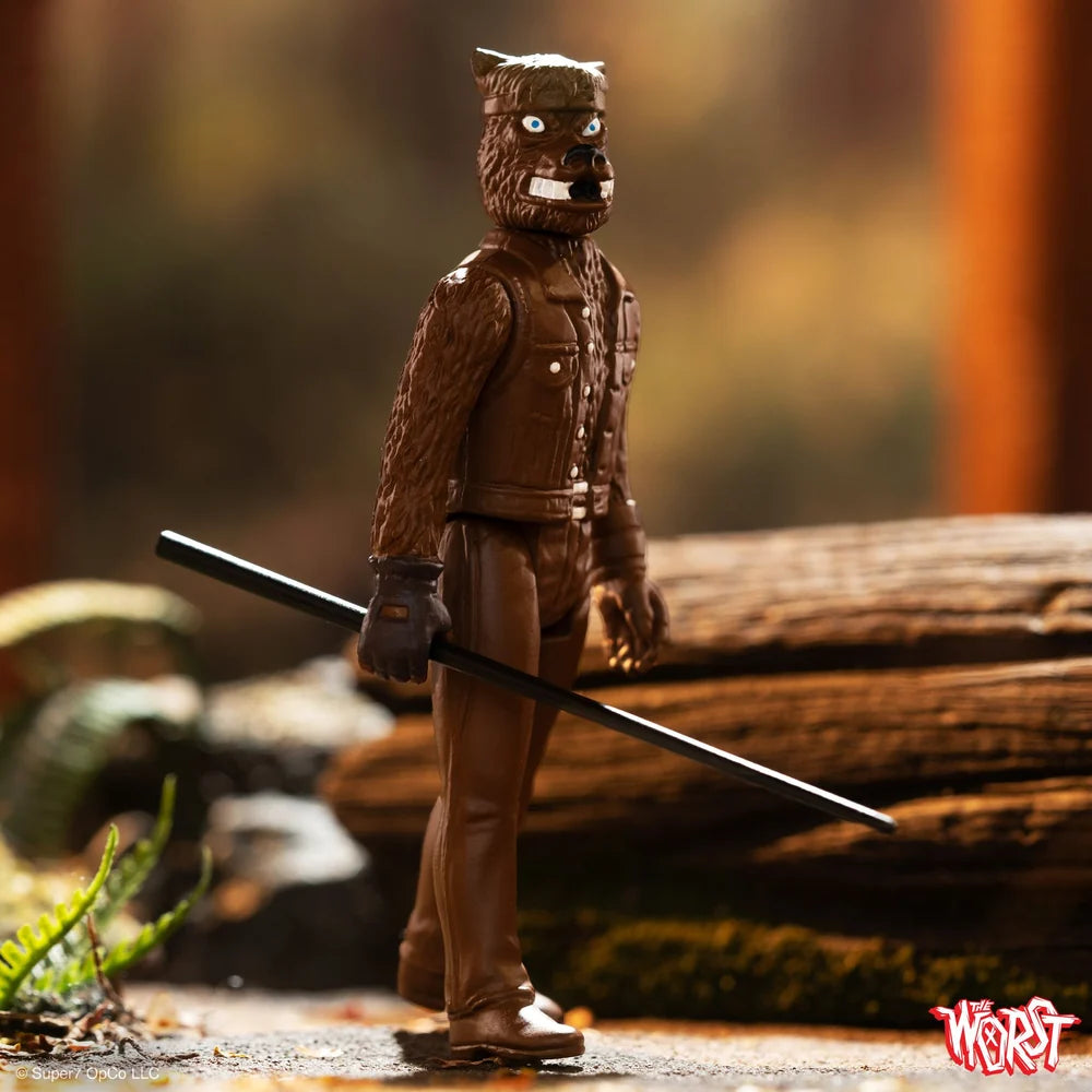 Super7 The Worst Werewolf Biker ReAction Figure (Wave 4) holding a sword in a forest setting