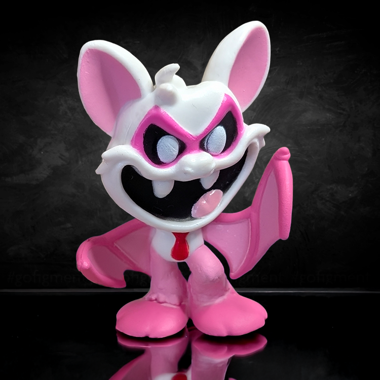 Go Figment Nightmare Critters Poppy Playhouse Series 4 pink and white bat-like figure with red tie on black background