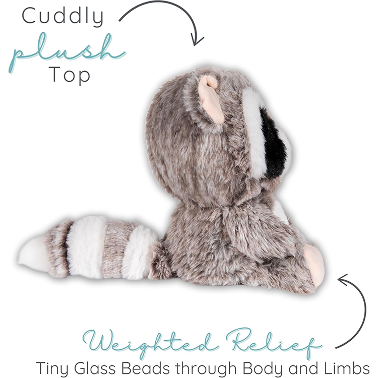 Side view of plush raccoon toy with soft fur and weighted body for comforting sensory relief