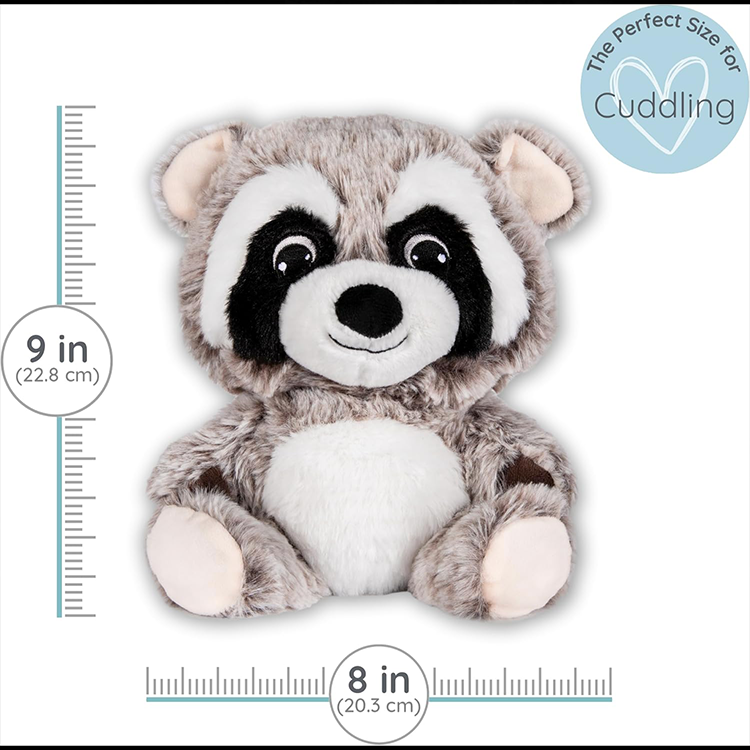 Soft 9-inch raccoon plush toy with cuddly design, perfect size for warmth and comfort.