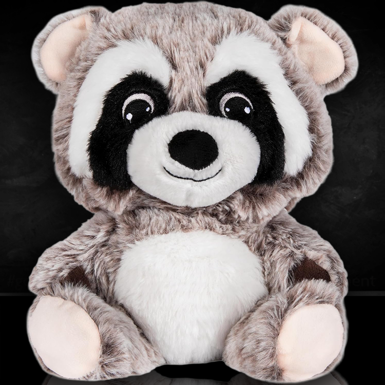 Soft plush raccoon toy with detailed face, designed for warmth and comfort by GoFigment Warm Pal collection.