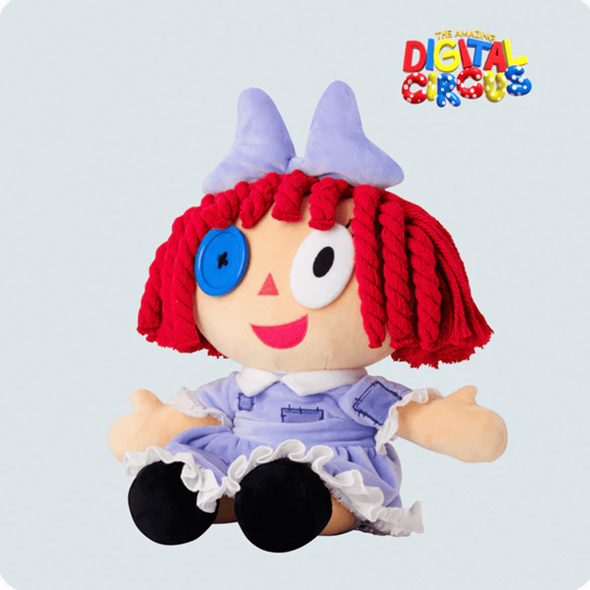 Glitch Ragatha plush doll with red yarn hair, blue button eye, purple dress, and playful smile on white background
