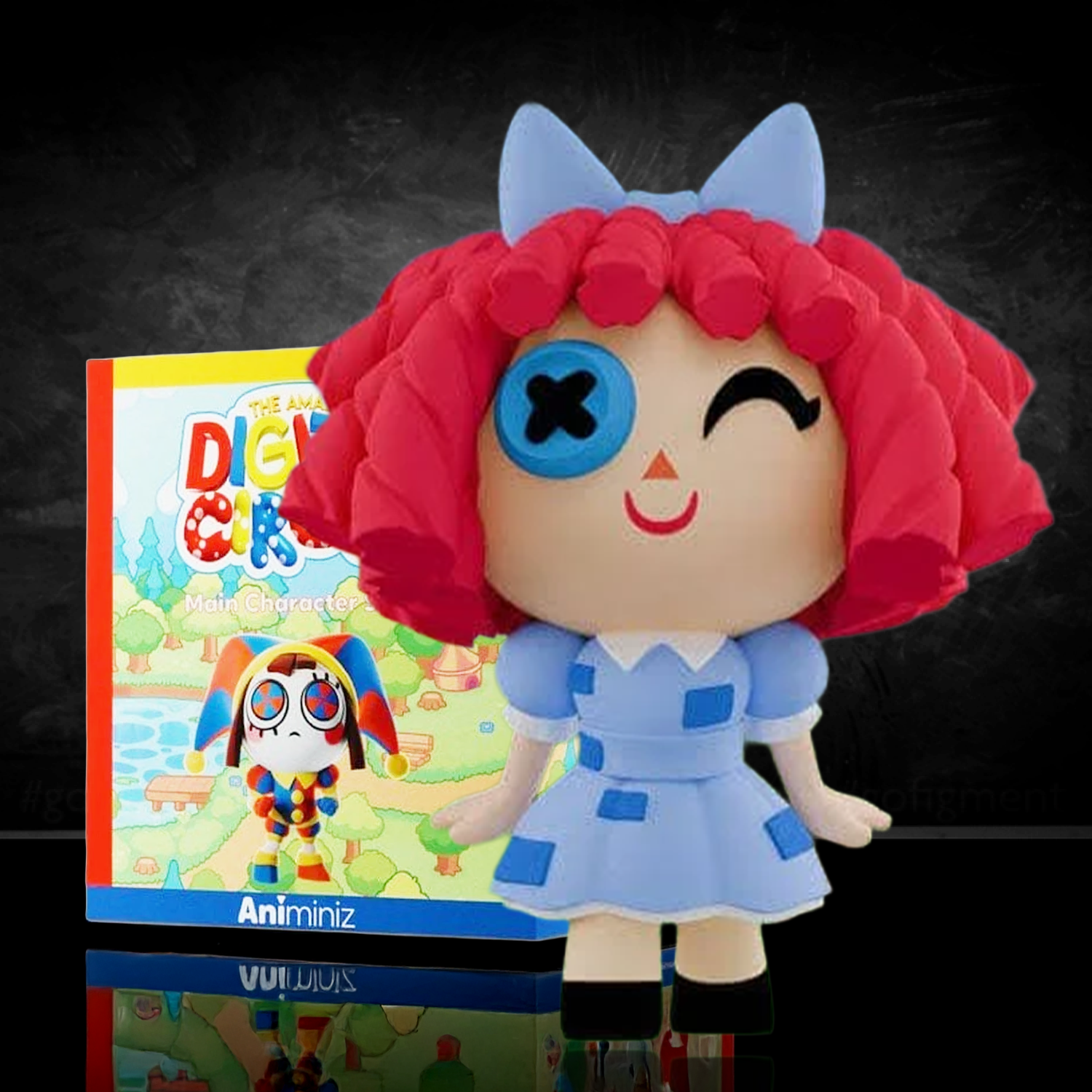 Ragatha figure from Glitch’s Digital Circus Animiniz main series with red hair and blue dress on black background