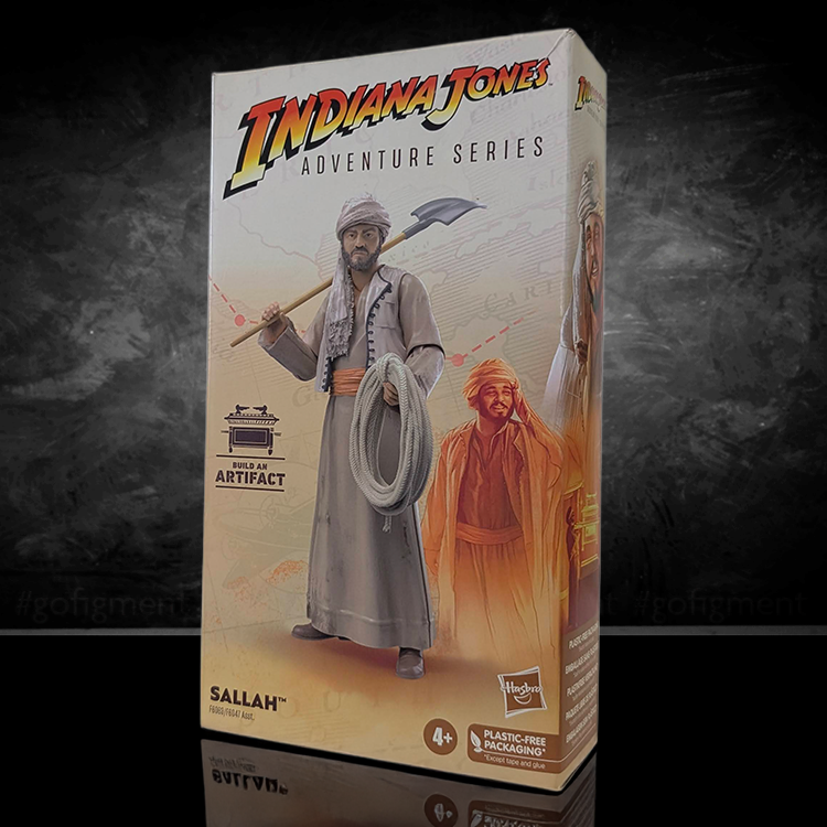 Hasbro Indiana Jones Adventure Series Sallah action figure in map room attire with shovel and rope accessory packaging