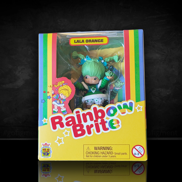 Lala Orange Rainbow Brite collectible figure in colorful yellow packaging with rainbow stripes and logo.