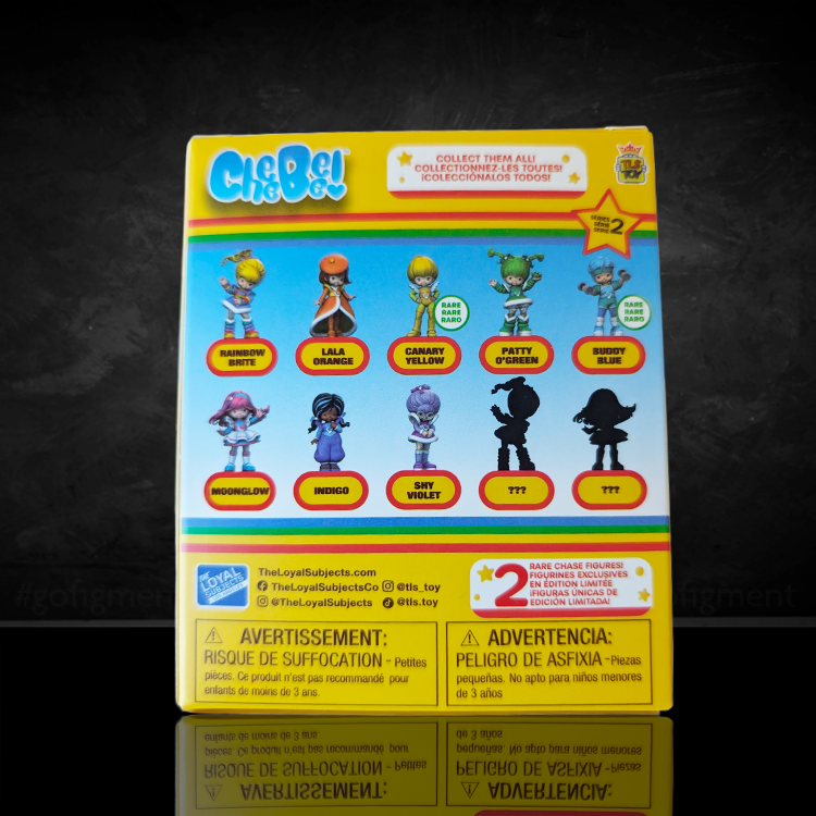 Back packaging of Series 2 Rainbow Brite CheeBee figures showing character lineup including Patty O'Green and others with colorful design.