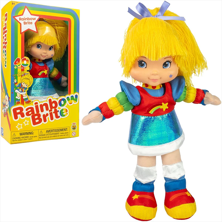 Rainbow Brite 12-inch plush doll with yellow yarn hair displayed next to colorful window-style packaging by The Loyal Subjects
