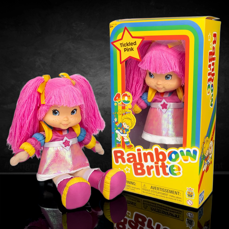 Tickled Pink 12-Inch Rainbow Brite doll in box and out, vibrant pink hair and colorful outfit by The Loyal Subjects