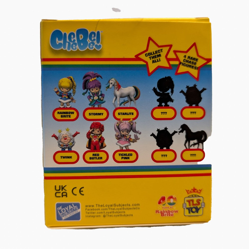 The Loyal Subjects Twink 2.5 inch CheeBee figure checklist back with Rainbow Brite and friends on yellow background