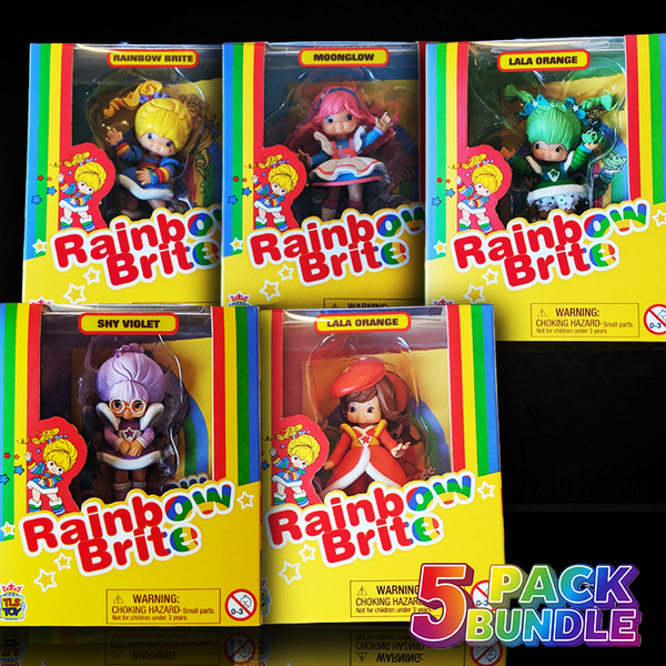 Rainbow Brite 2.5-inch collectible figures five-pack bundle in original yellow packaging with rainbow stripes and character names