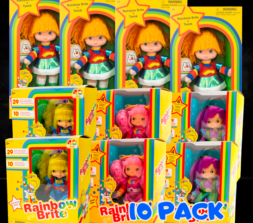 Classic Rainbow Brite 10 Pack bundle of 9 inch and 5.5 inch dolls by The Loyal Subjects in colorful packaging.