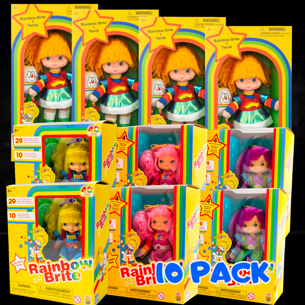 Classic Rainbow Brite 10 Pack bundle of 9 inch and 5.5 inch dolls by The Loyal Subjects in colorful packaging.