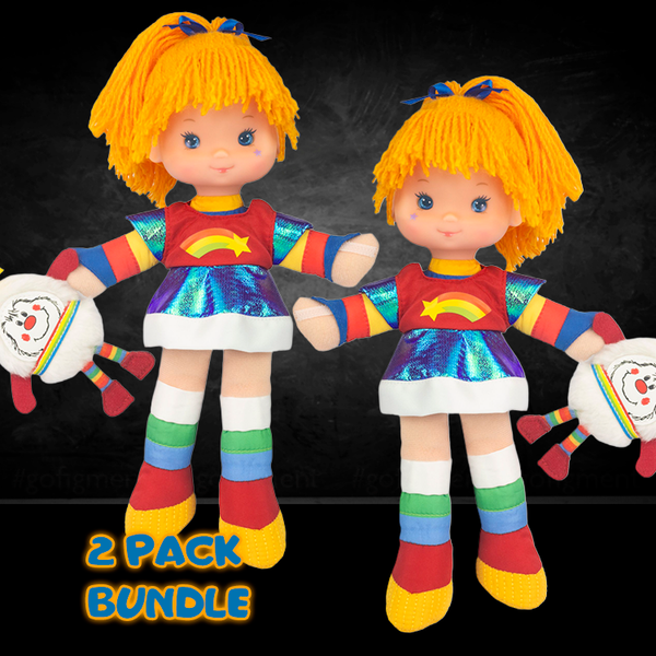 Two Rainbow Brite and Twink 9-inch collectible dolls with colorful outfits by The Loyal Subjects against black background
