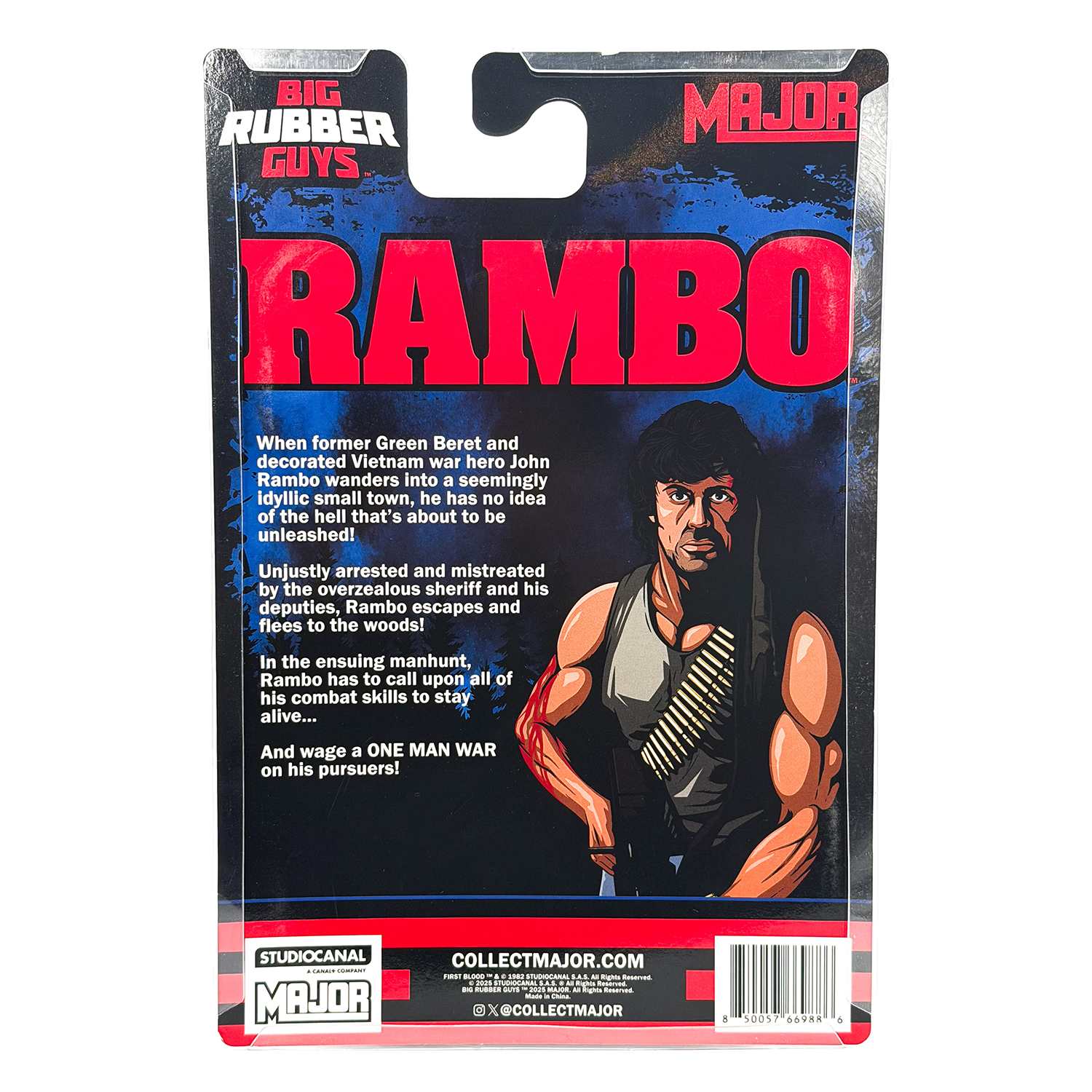 Rambo Major Big Rubber Guys 1:9 Scale 8-Inch Posed Action Figure packaging back with character bio by Major vendor