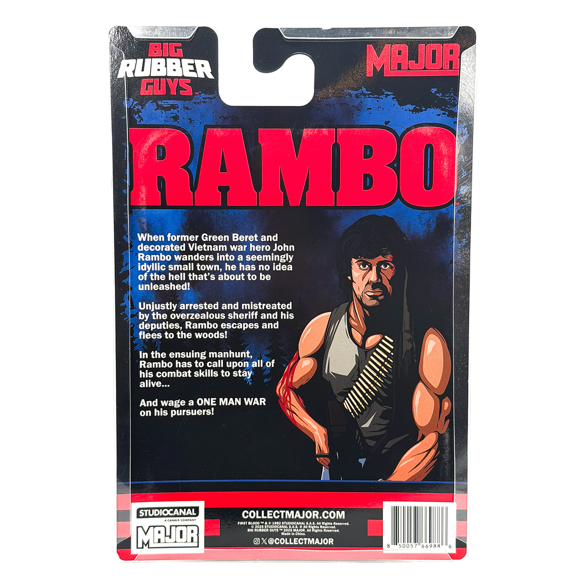 Rambo Major Big Rubber Guys 1:9 Scale 8-Inch Posed Action Figure packaging back with character bio by Major vendor