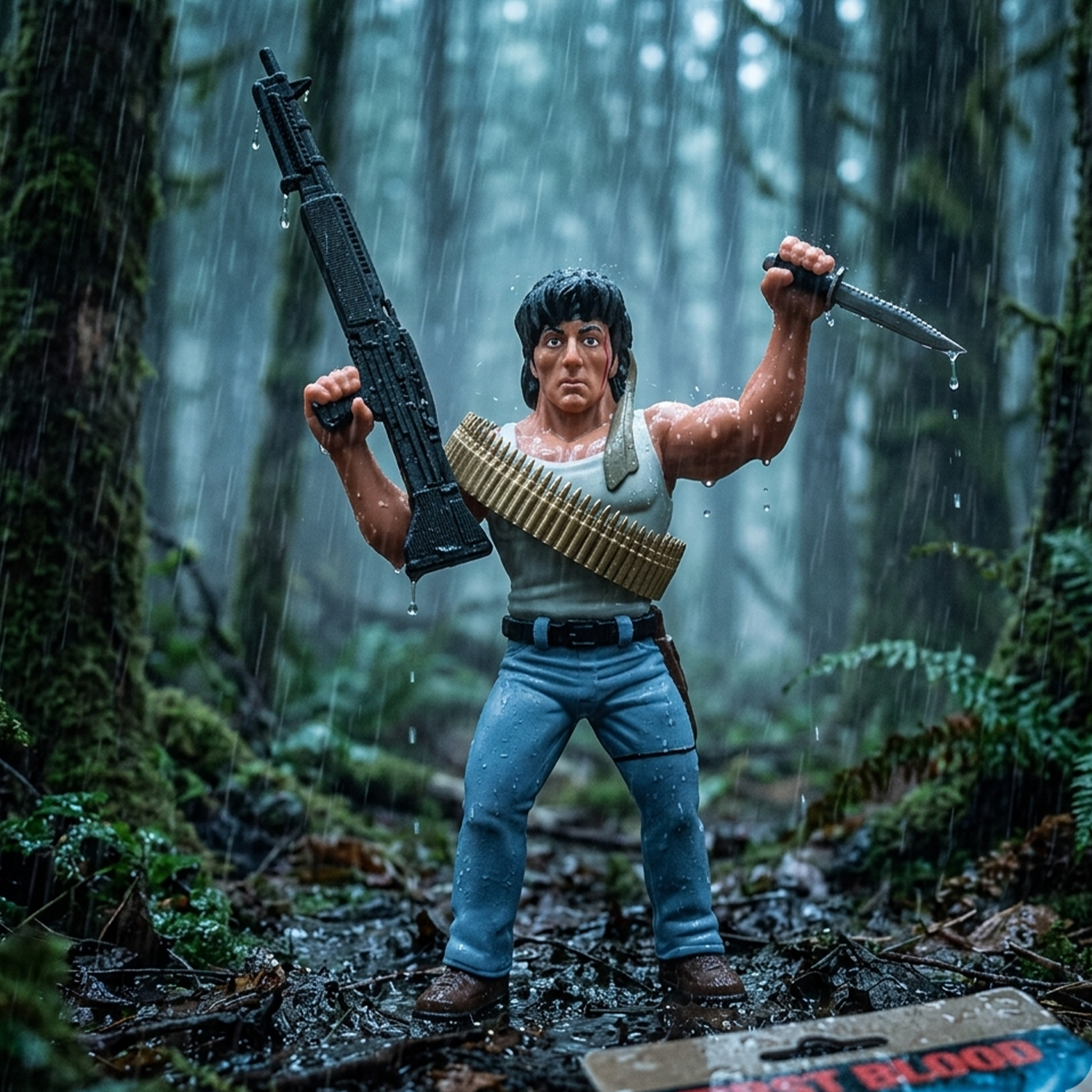 Rambo Major Big Rubber Guys 1:9 Scale 8-Inch Posed Action Figure by Major holding rifle and knife in rain forest scene