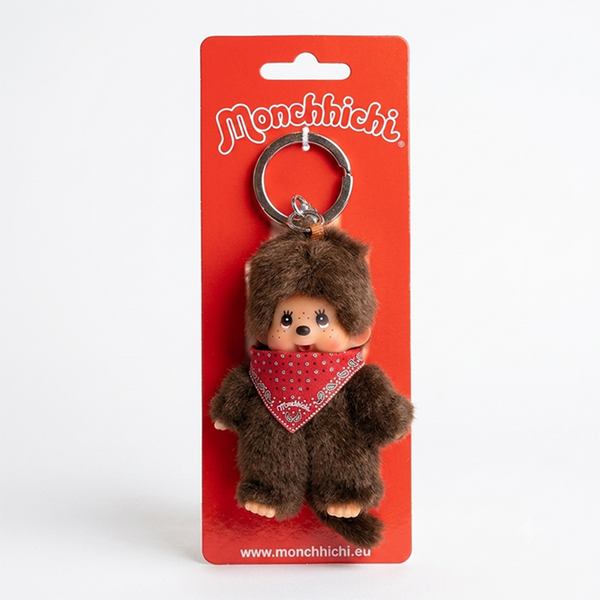 4" Monchhichi Keychain - Classic Boy, Red Handkerchief Mascot - Authentic Plush Mascot, NWT by Sekiguchi