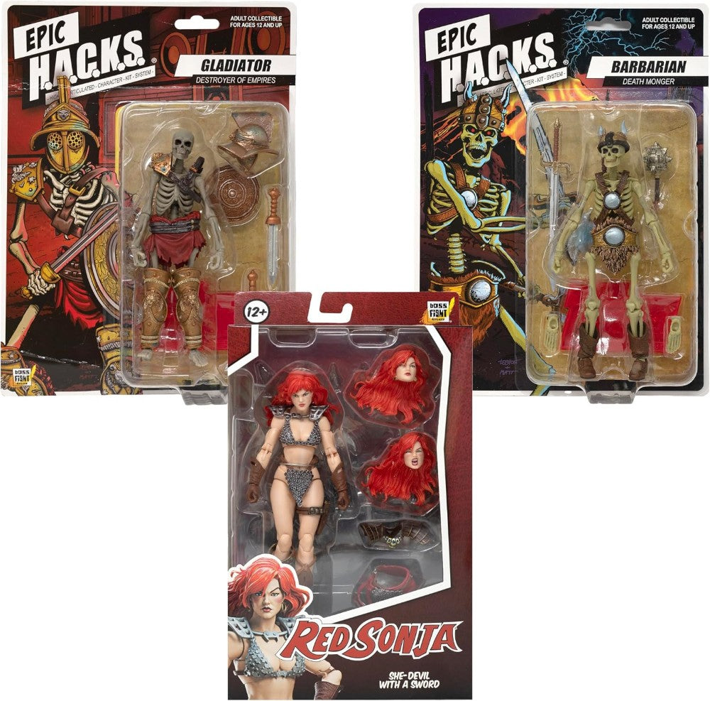 Red Sonja Deluxe Action Figure with Gladiator & Barbarian Skeletons Sold as Set of 3