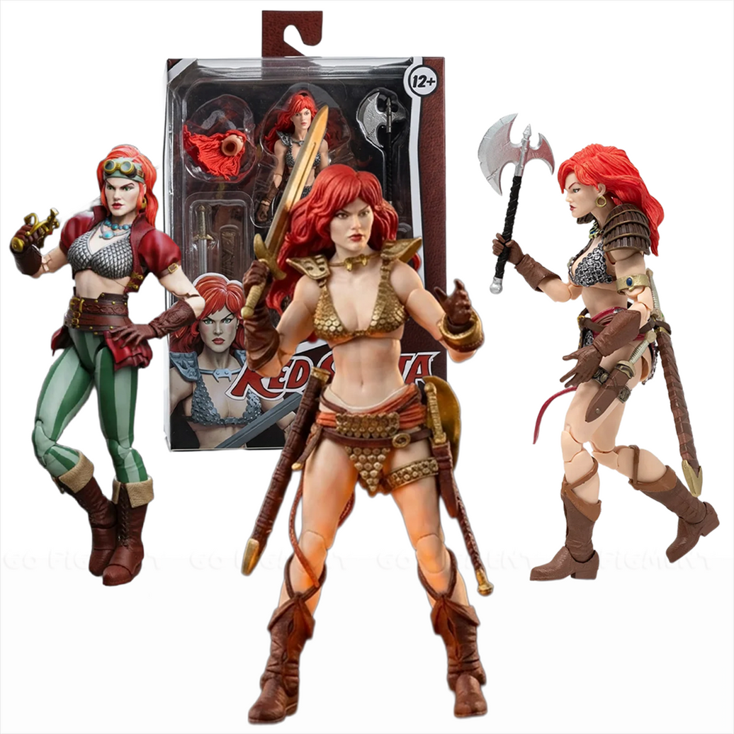 Three red-haired female fantasy warrior figures with weapons displayed in front of a boxed figure set for ages 12 and up