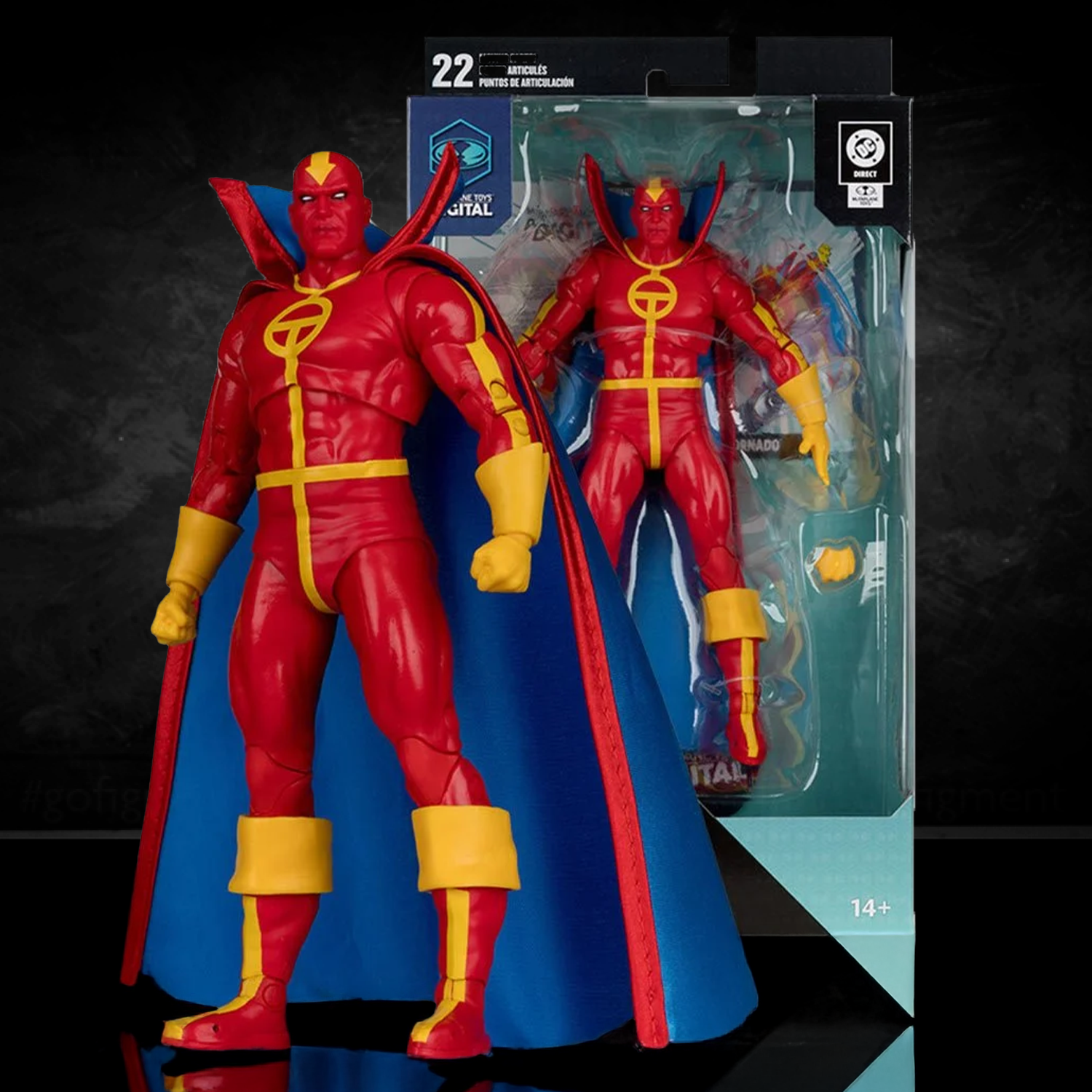 McFarlane 7-inch Red Tornado action figure in red and yellow costume with blue cape and packaging in background