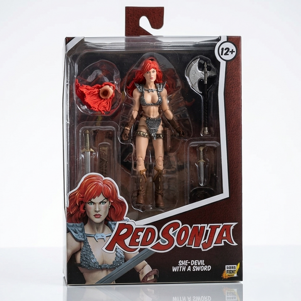 Red Sonja Hero H.A.C.K.S. 1:18 Scale Action Figure - Boss Fight Studio Llc with sword and axe accessories in packaging