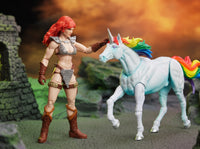 Red-haired fantasy warrior standing beside a white unicorn with a rainbow mane in a rocky setting