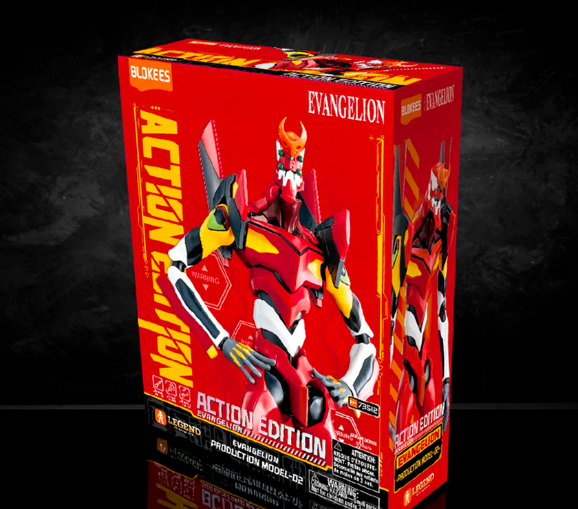 Hasbro Neon Genesis Evangelion Unit-02 Blokees Action Edition model kit with vibrant red and yellow packaging