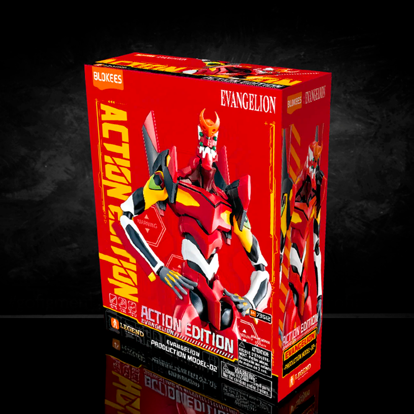 Hasbro Neon Genesis Evangelion Unit-02 Blokees Action Edition model kit with vibrant red and yellow packaging