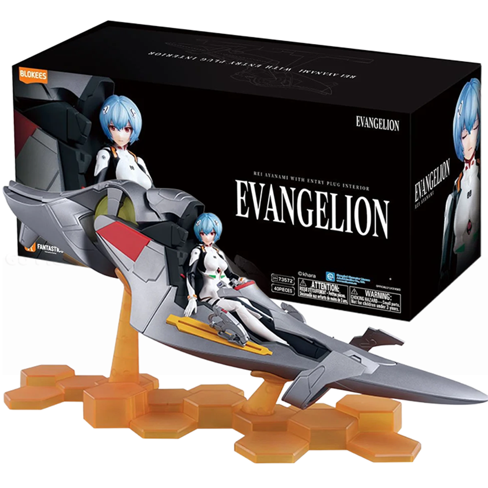 Rei Ayanami action figure seated in futuristic entry plug with branded black box and hexagonal orange display stands
