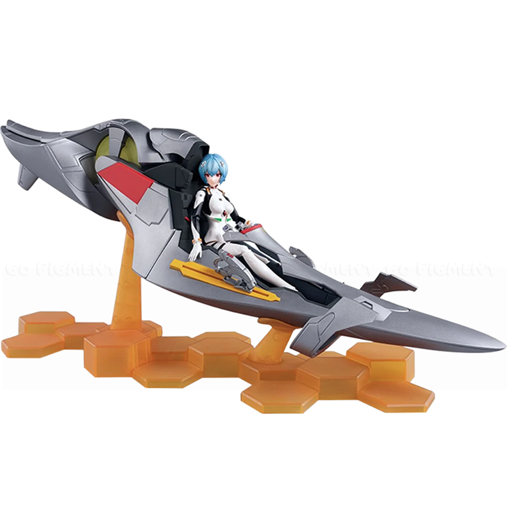 Action figure of female character seated in futuristic gray and orange hovercraft on honeycomb-style display stand