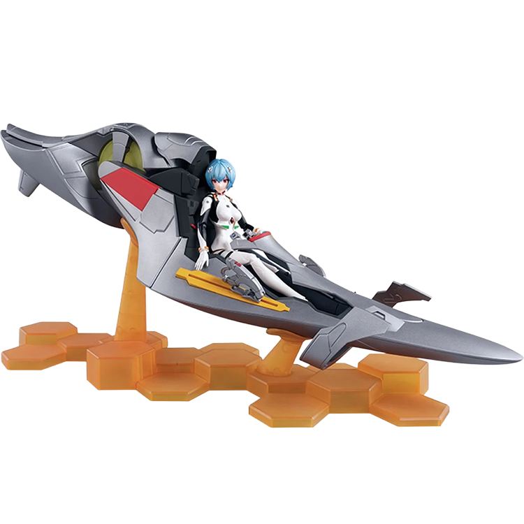 Action figure seated in futuristic gray and red vehicle on hexagonal orange display stand against white background
