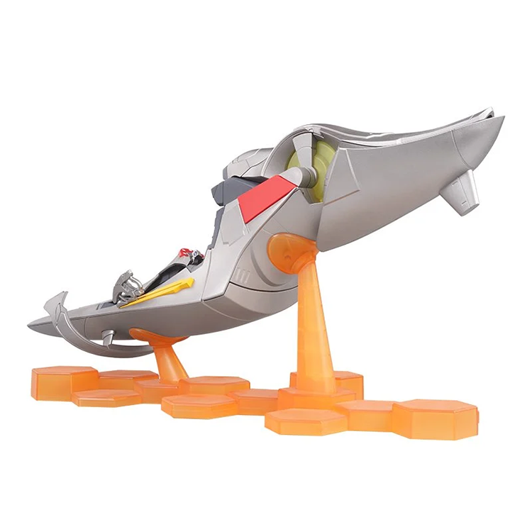Silver and gray sci-fi spaceship toy with red and yellow details on orange hexagonal display stands against white background